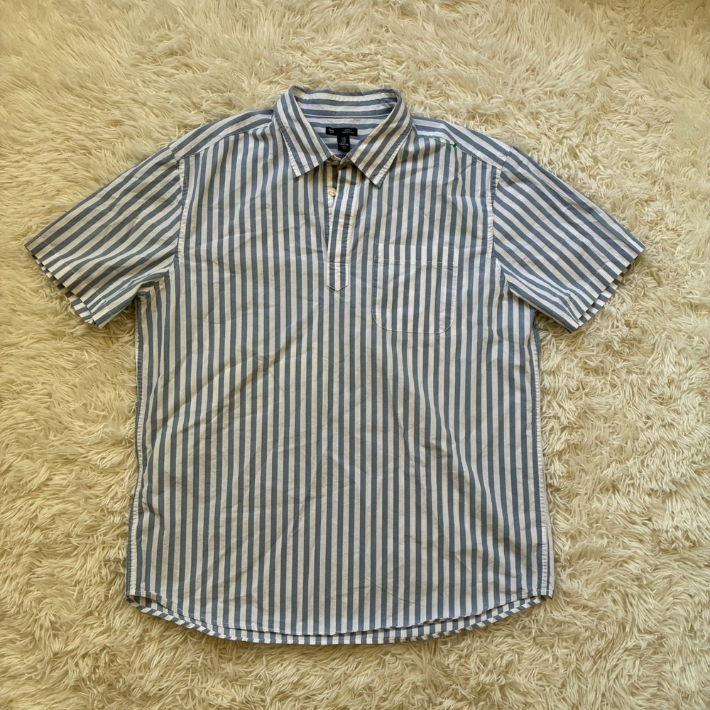 Gap Men XL Blue White Striped Short Sleeve Popover Shirt Classic Fit 100% Cotton